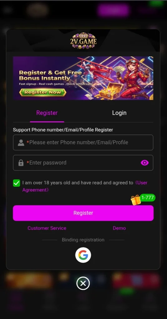 2V Game login for free in androids