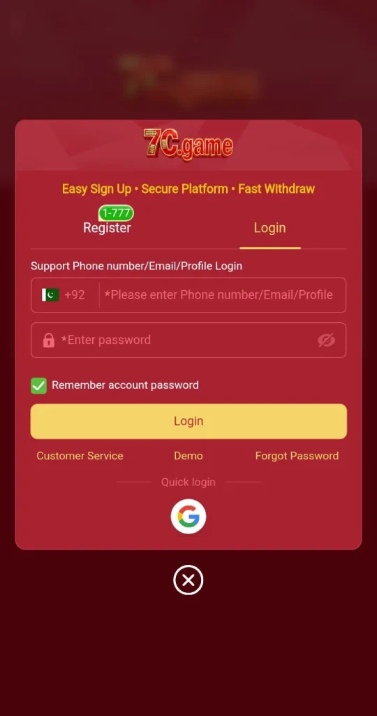 Login for free in 7C Game App